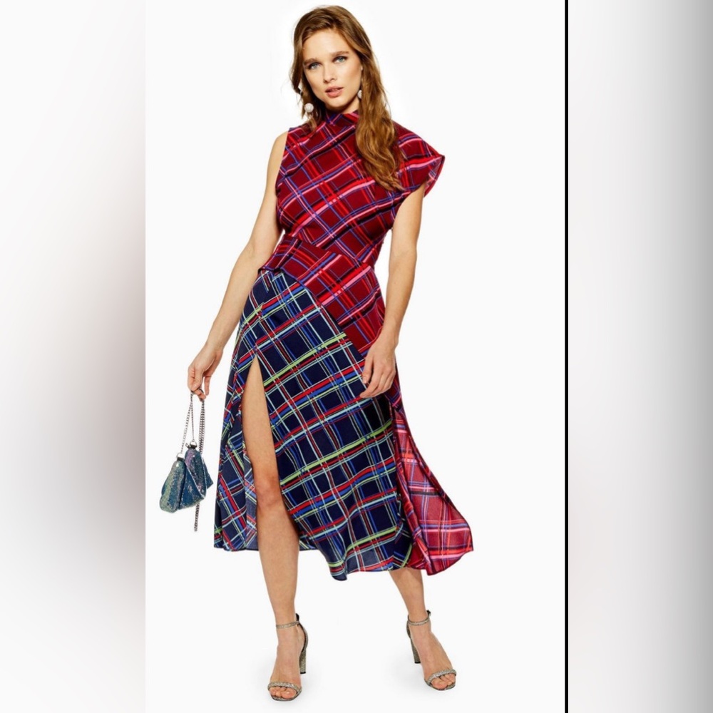Topshop plaid asymmetrical midi dress sz 6 (blue, red, multicolored)
